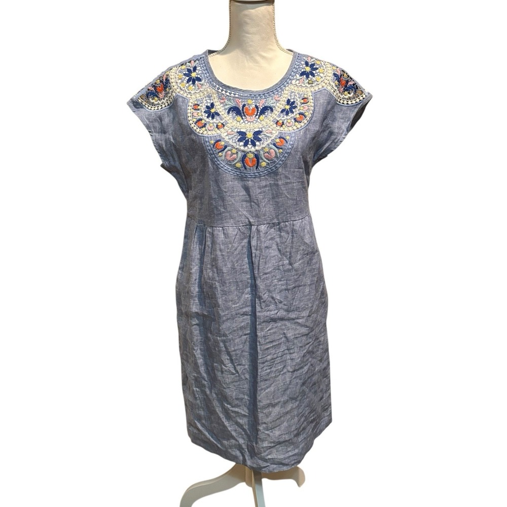 Boden Fleur embroidered 100% Linen sheath dress blue Size 4L pockets chambray